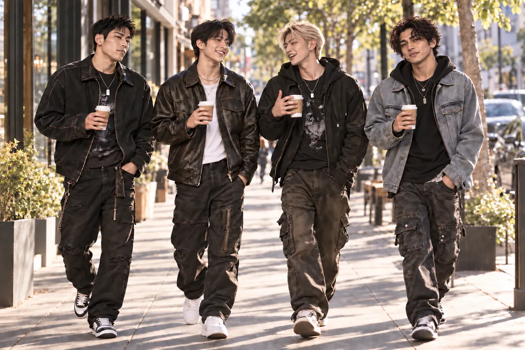 JAX, KAI, RYO and ZANE, left to right, walking down a sunny street with coffee.