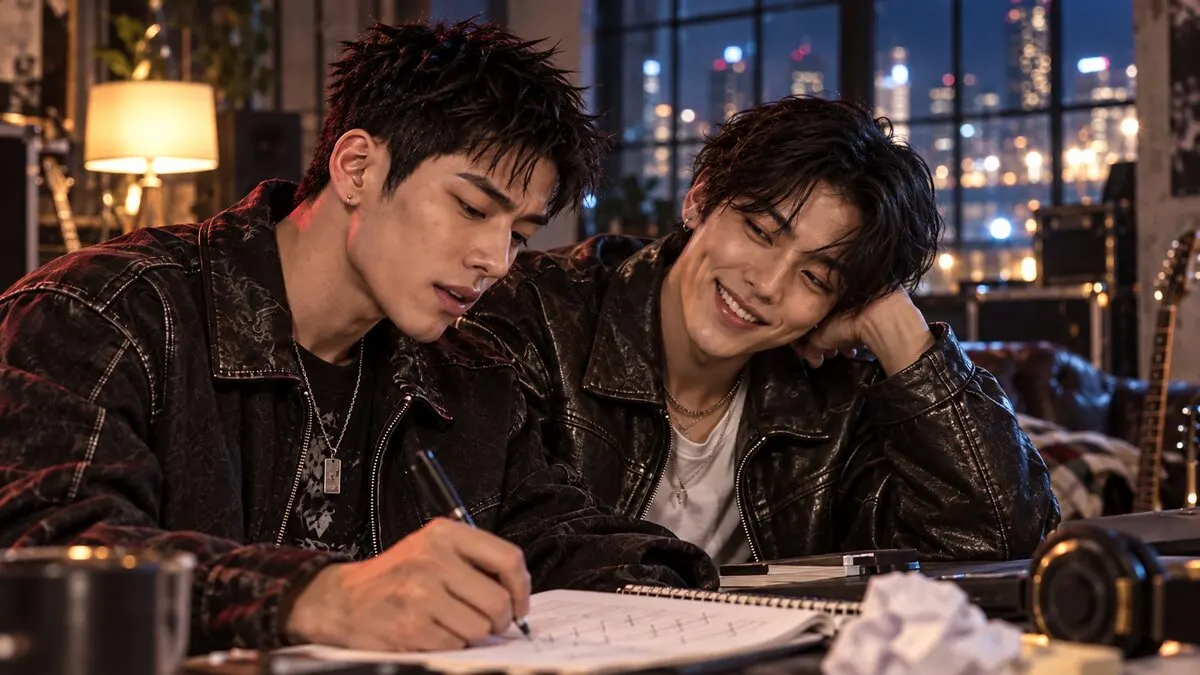 Late at night in the loft, JAX writes the set order in a notebook while KAI leans on his shoulder, smiling.