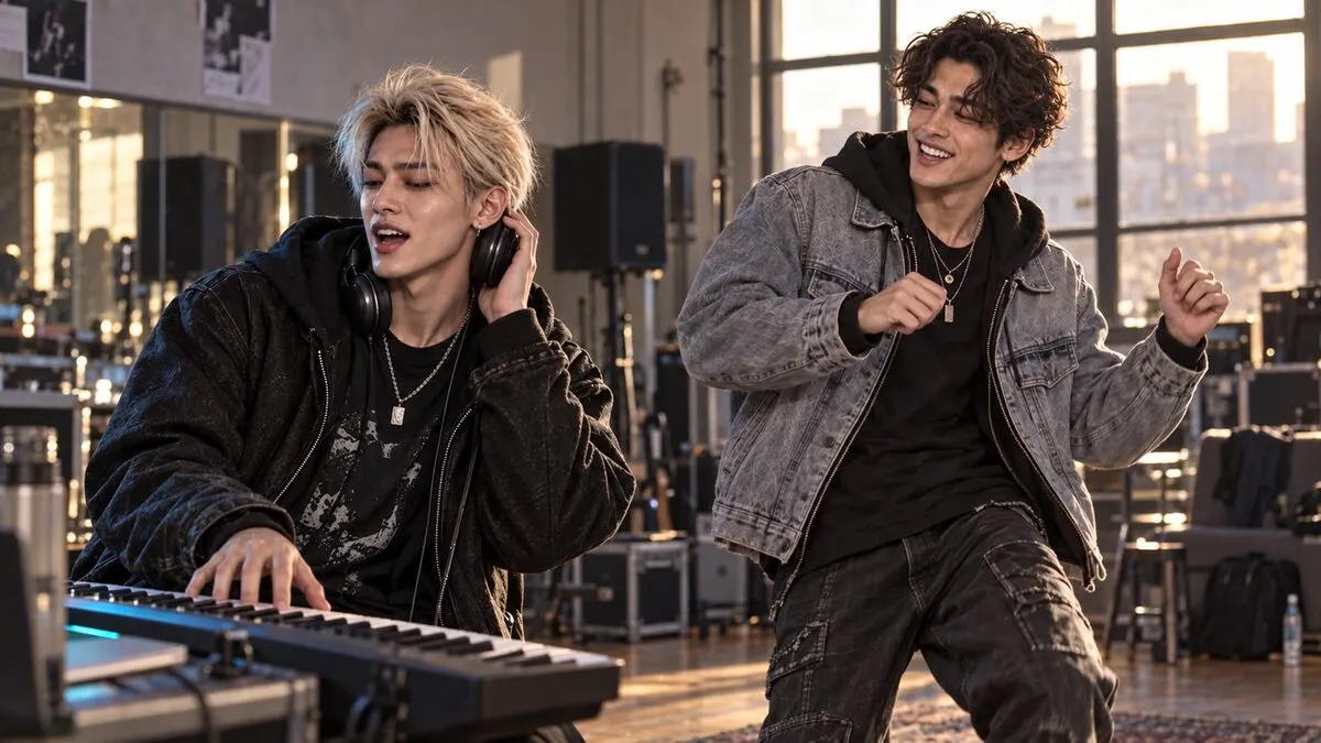 RYO plays a keyboard in headphones while ZANE dances beside him in the sunlit loft.