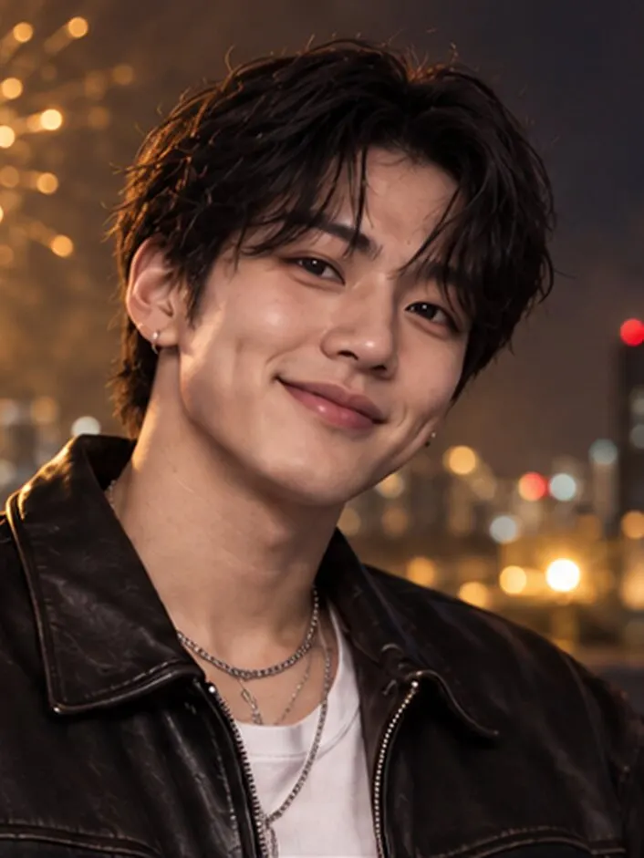 KAI smiling under gold fireworks.