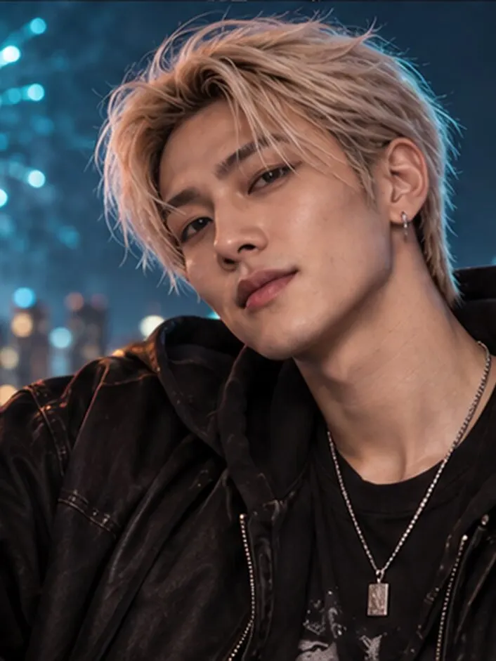 RYO, platinum blond, tilting his head under cyan fireworks.