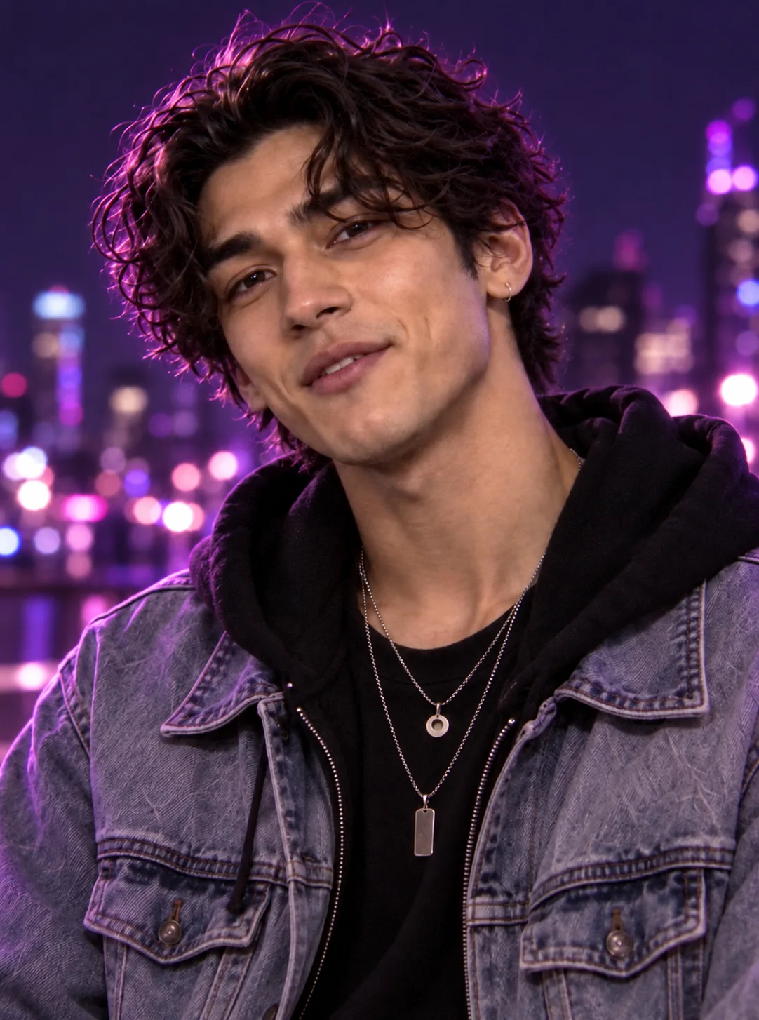 ZANE, dark curls and a denim jacket against a purple night skyline.